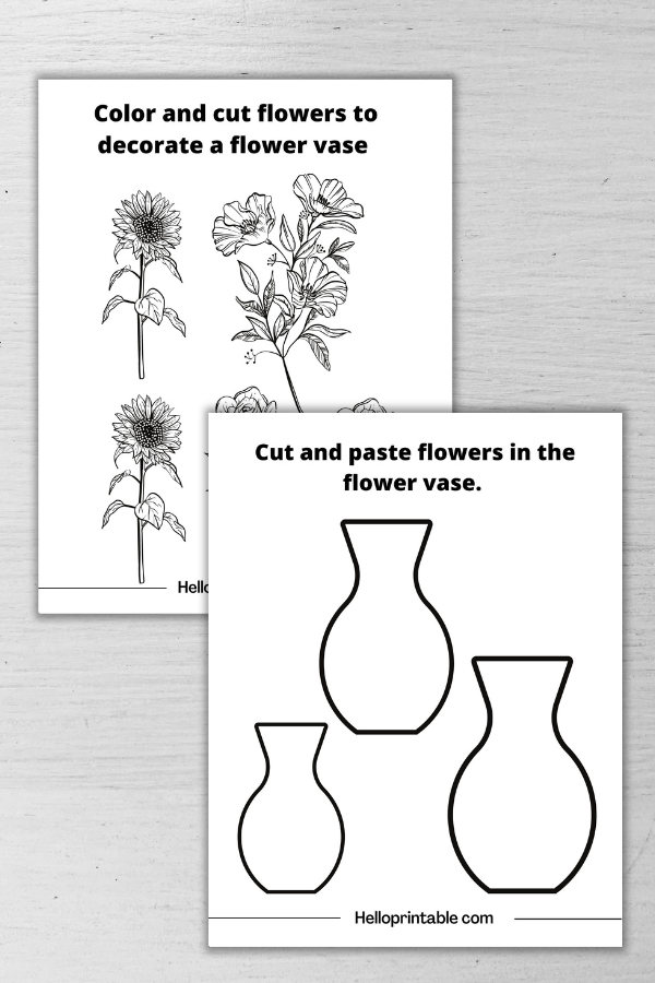 Image shows a vase and flowers for Cut and paste activity for kindergarten