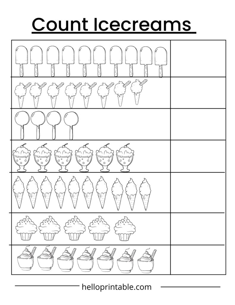 Counting ice creams worksheet for preschool kids. 