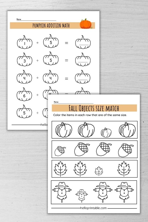 pumpkin addition worksheet and fall object size math worksheets