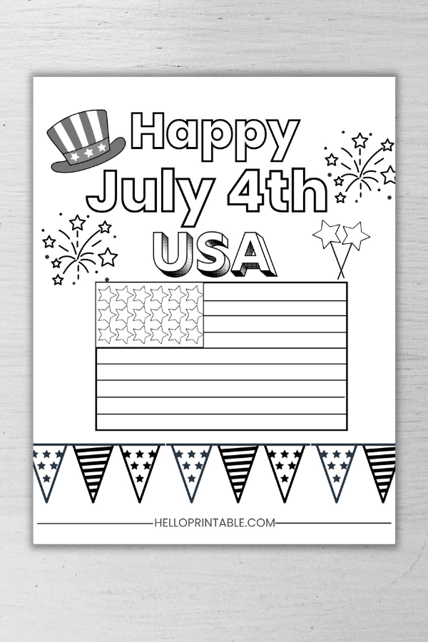 Happy july 4th printable coloring sheet with USA flag 