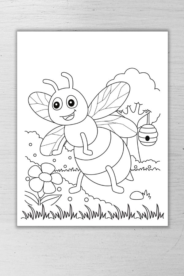 honey bee in a garden coloring sheet 