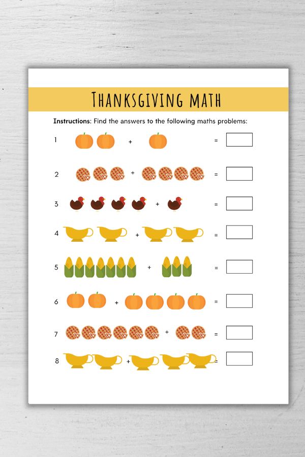 Thanksgiving theme addition worksheets for kids 