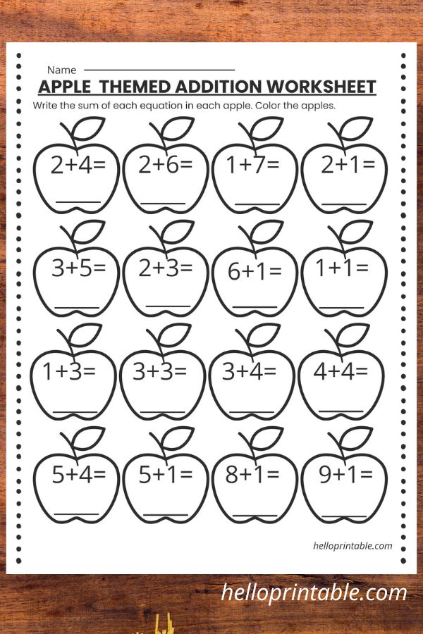 Apple themed 1 to 10 addition worksheets kindergarten - basic addition skills 