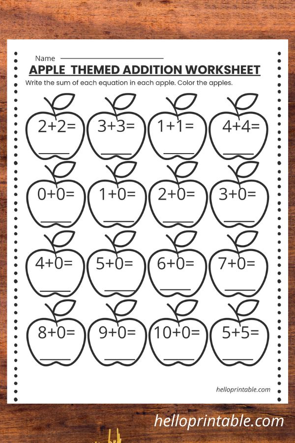 Apples themed addition kindergarten and first grade worksheets printable 