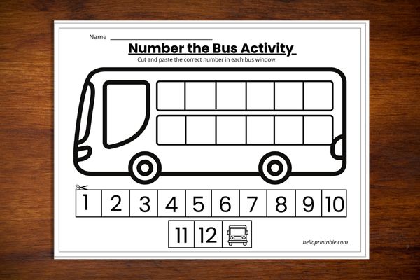 Bus window count, cut and paste activity worksheet for preschool and kindergarten. 