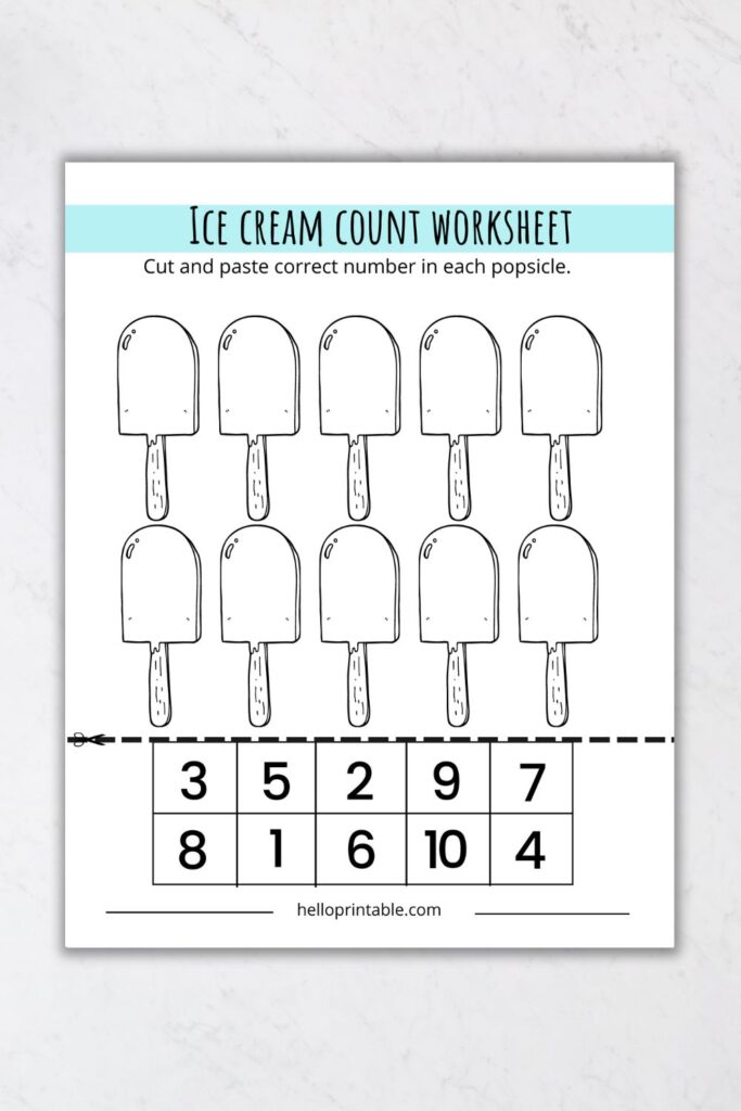 Ice cream count cut and paste activity worksheet