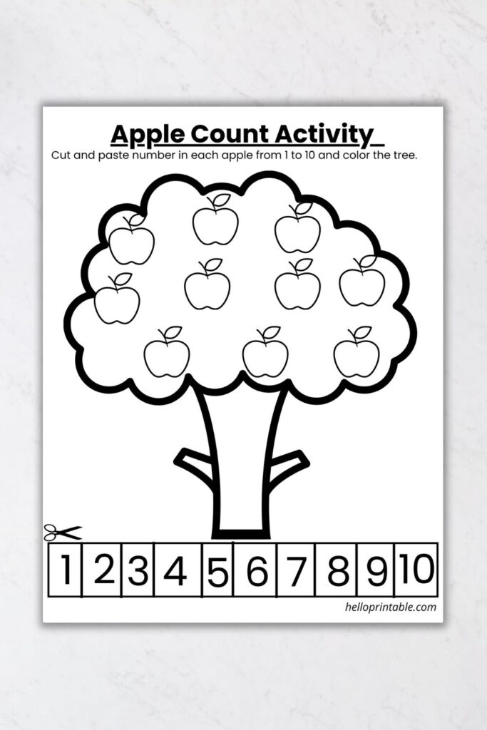 Apple tree count, cut and paste activity worksheet