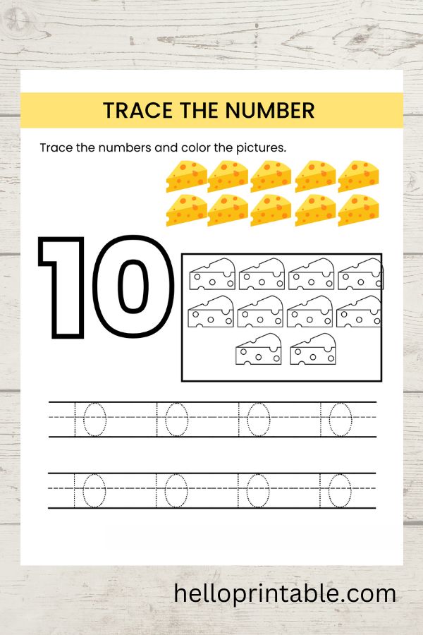 Trace number 10 , count and color math worksheet for preschool 