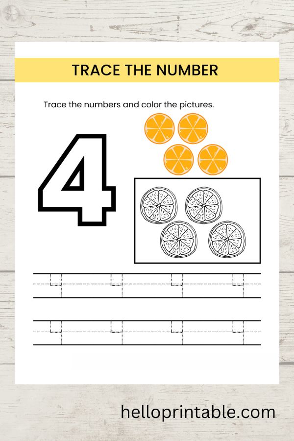 Trace number 4 , count and color math worksheet for preschool 