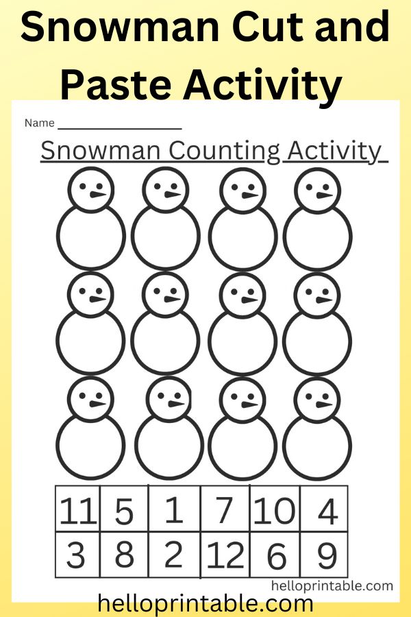 Winter activity - snowman count cut and paste numbers activity from 1 to 12 for preschool and kindergarten 