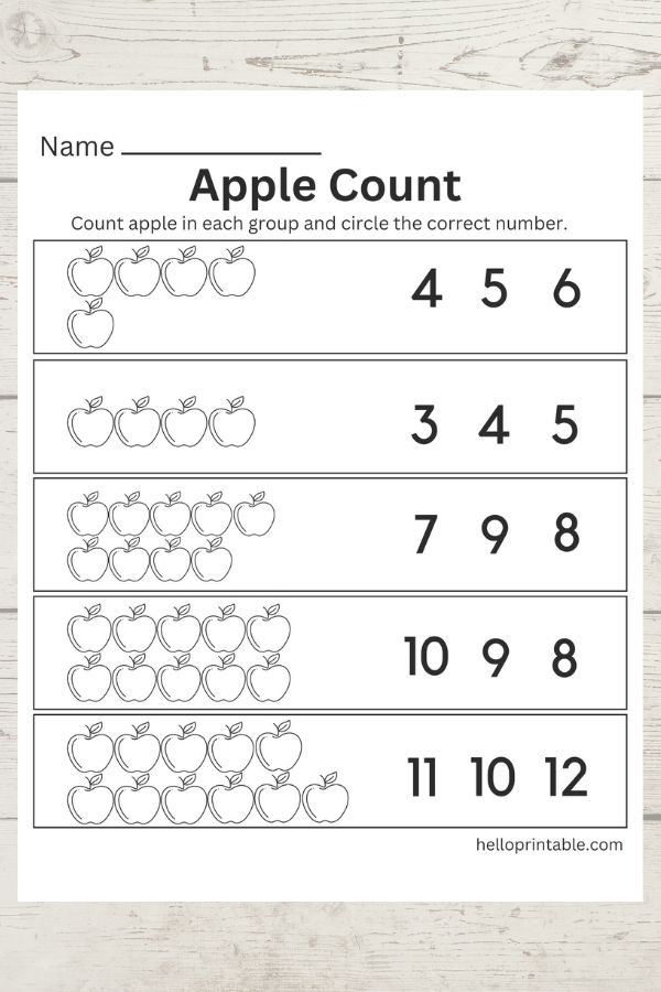 apple count fall theme group count worksheet. Choose the correct number and color. Preschool and kindergarten 