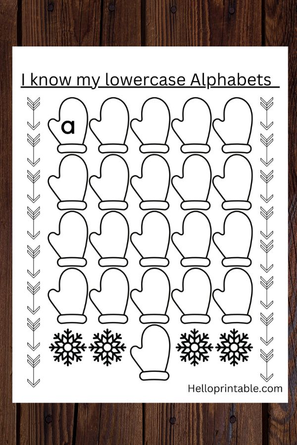 Mittens Christmas themed alphabet practice worksheet 