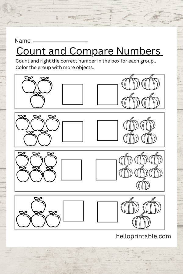 Count and compare apples and pumpkins and color the group that has more. 