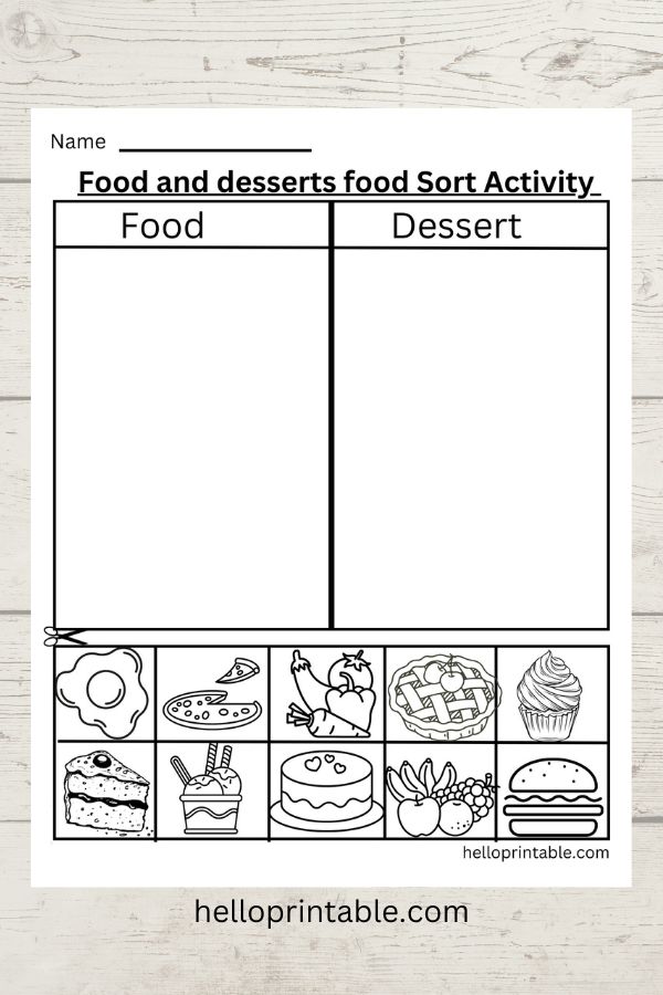 Cutting and sorting food and desserts activity printable 