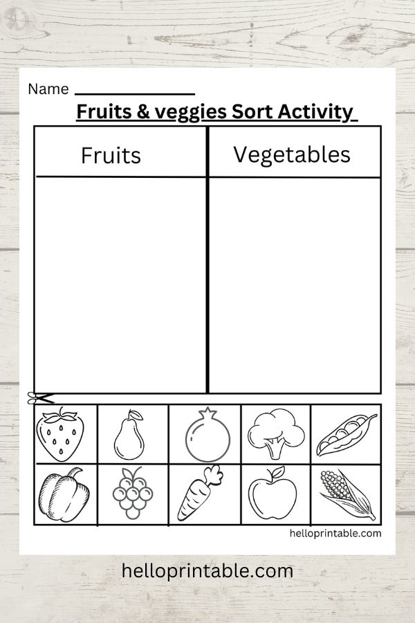 Develop understanding of fruits and vegetables with cut and sort activity. 