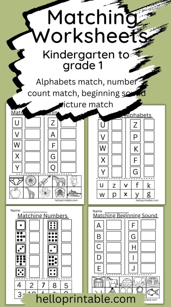 Matching worksheets, kindergarten, grade 1 and preschool kids. beginning sounds of the picture, lowercase upper case letter match, number count, cut and paste activity for kids 