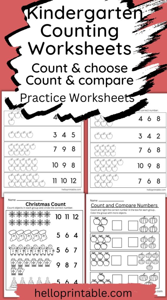 Preschool kindergarten counting objects, count and compare free printable worksheets 
