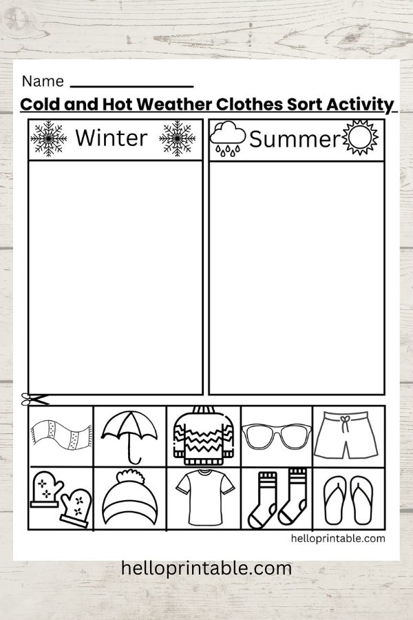 Hot and cold weather clothes sort, and cut activity printable