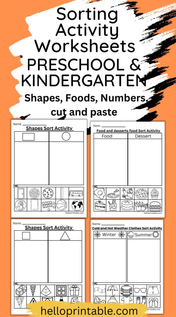 Sorting activity worksheets for kindergarten and preschool kids to enhance cutting skills 