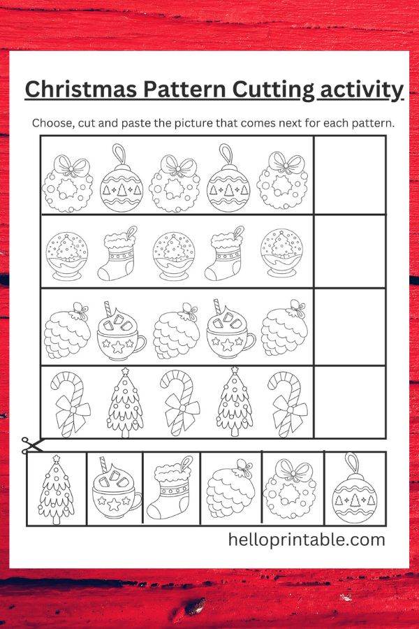 Christmas-themed patterns cut and paste activity worksheets for kindergarten and preschool kids - ideal for classroom and home activities during winter break learning