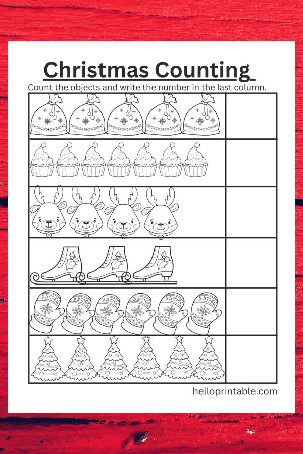 Christmas counting activity worksheet for kindergarten and preschool kids - ideal for classroom morning work, winter break learning