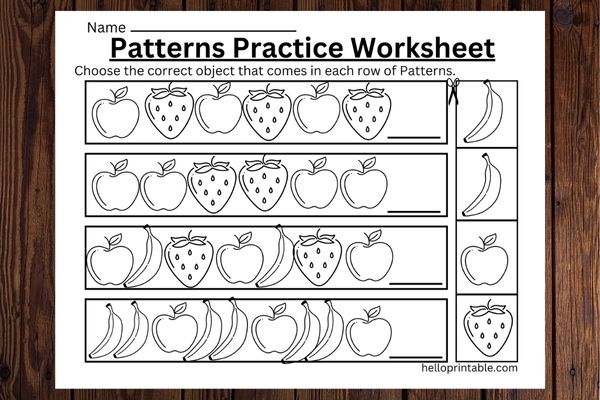 Practice patterns in fruits worksheets for kindergarten and preschool kids. 