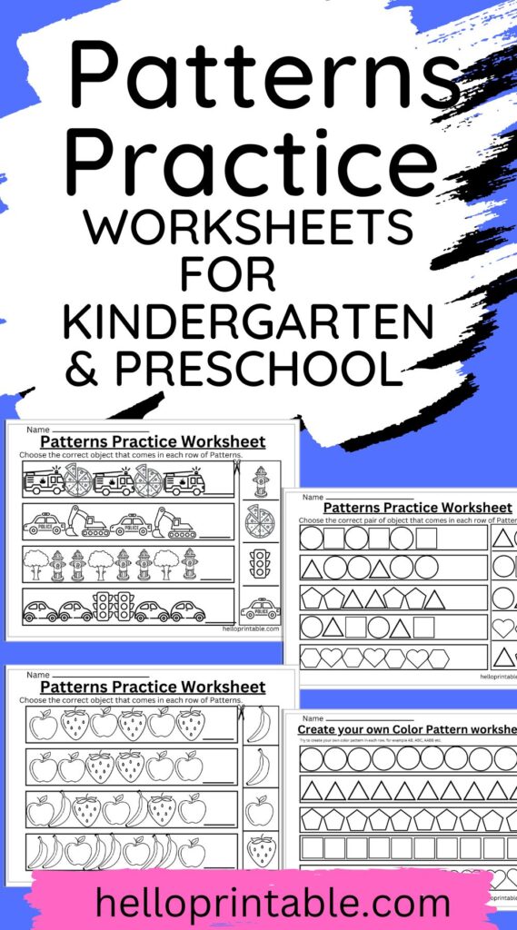 Patterns practice worksheets - free printable for kindergarten and preschool kids. 