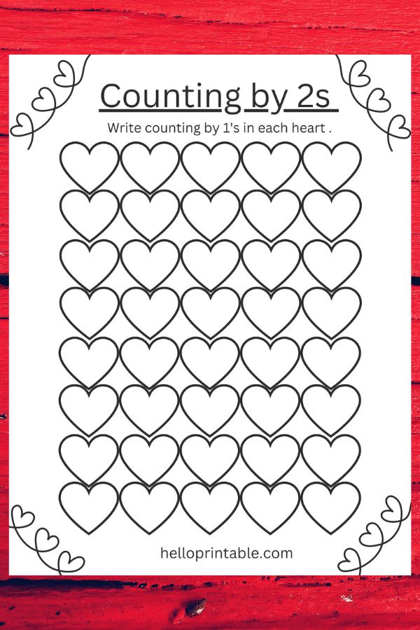 Valentines themed counting by 2s worksheet 