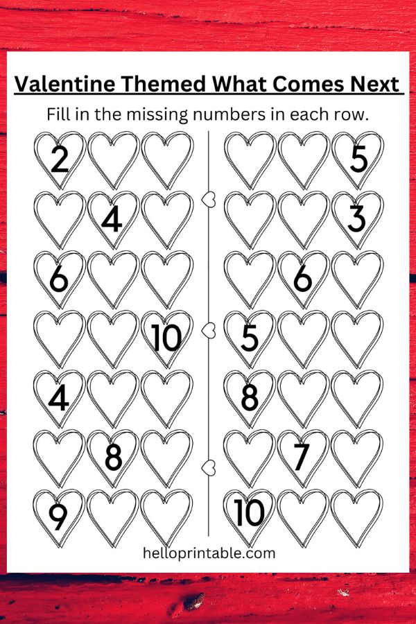 Valentines themed what comes after number - missing numbers heart worksheet 