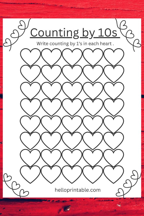 Count by 10s worksheet -  heart themed 