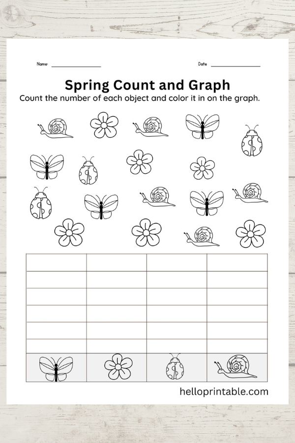 Spring themed - count and graph worksheet for kindergarten 