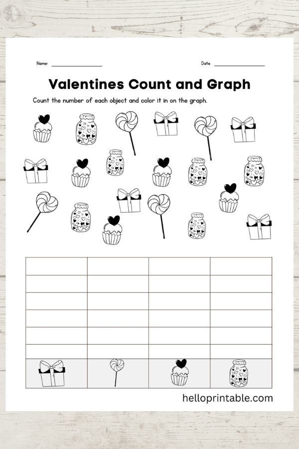 Valentine themed count and graph worksheet for kindergarten 