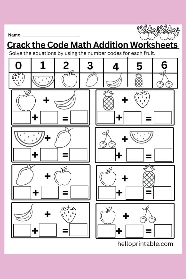 Crack the code - solve math addition equations by using fruits as numbers basic numbers 0 to 6 