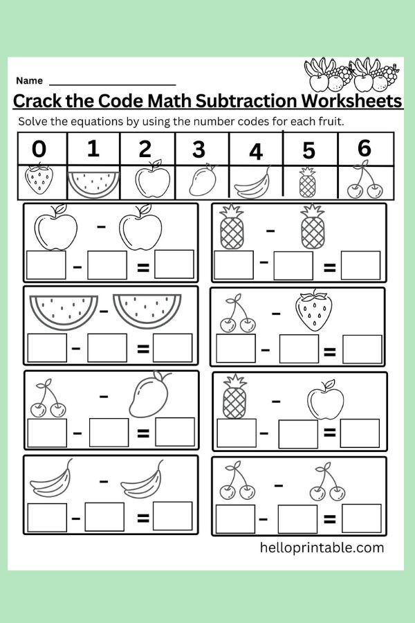 Crack the code - solve math worksheets subtraction equations by using fruits as numbers basic numbers 0 to 6