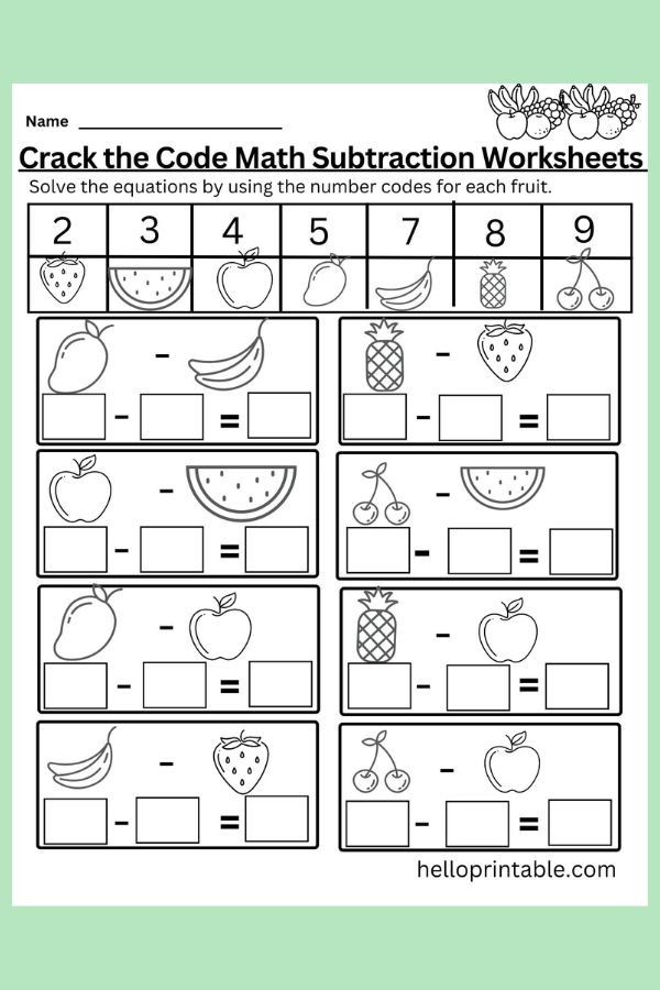Crack the code - solve math worksheets subtraction equations by using fruits as numbers basic numbers 2 to 9. 