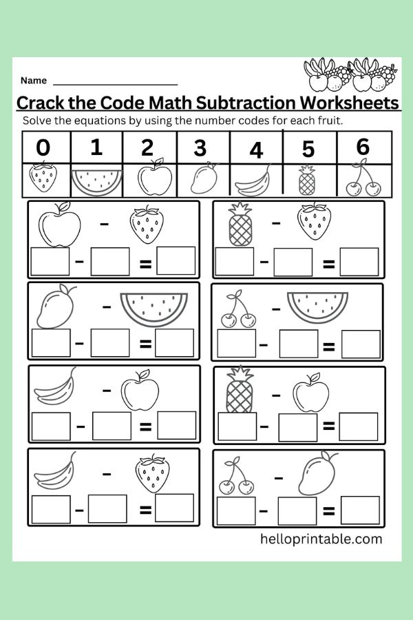 Crack the code - solve math worksheets subtraction equations by using fruits as numbers basic numbers 0 to 6