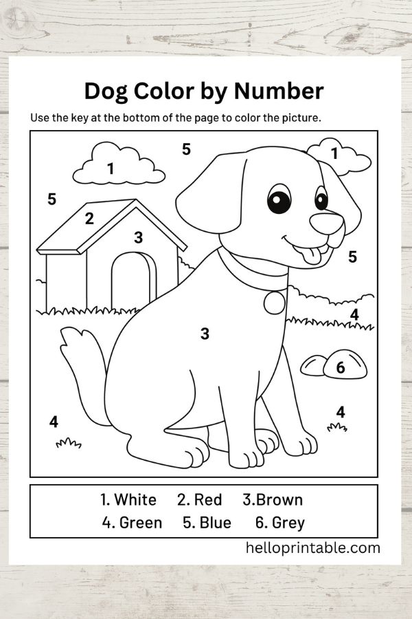 Dog color by number free coloring sheet printable - color game 