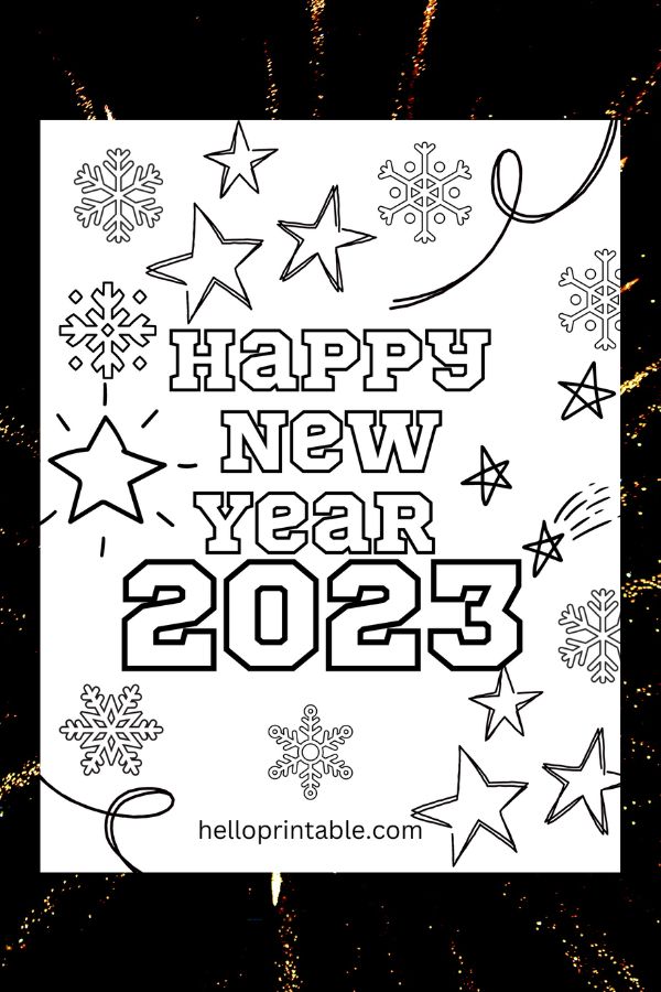Happy new year 2023 coloring sheet for kids and teens - free printable - snow flakes and stars