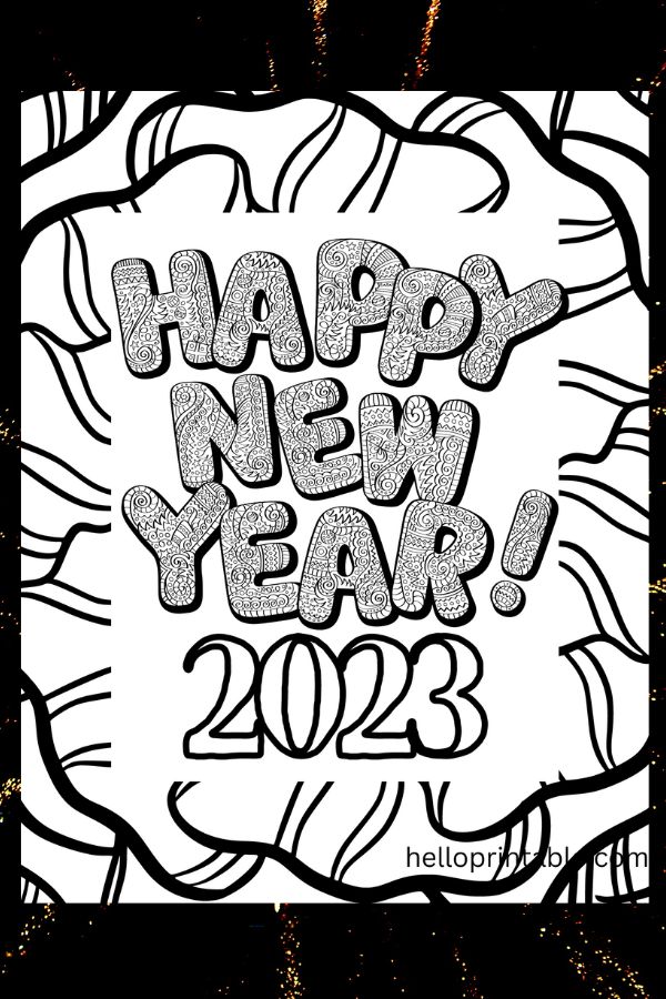 Happy new year coloring sheet for teens and adults - prefect for new year parties or games 