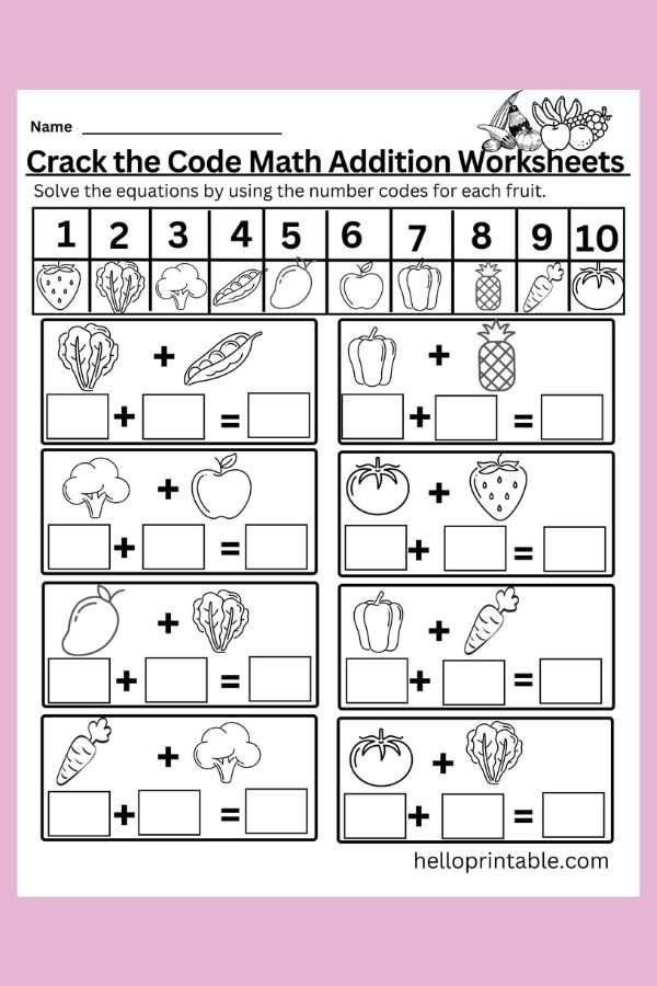 Crack the code - solve math addition equations by using fruits and vegetables as numbers basic numbers 0 to 6 