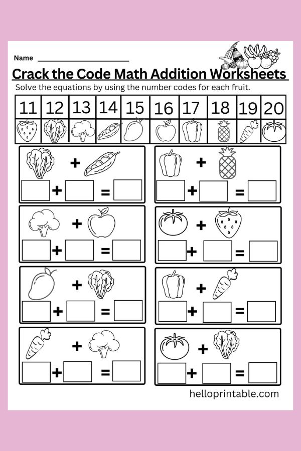 Crack the code - solve math addition equations by using fruits and veggies as numbers basic numbers 11 to 20 