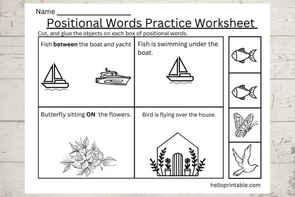 positional words practice worksheets - cut and paste various objects activity for kids 