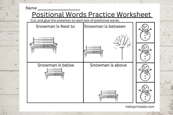 positional words practice worksheets - cut and paste snowman activity for kids 