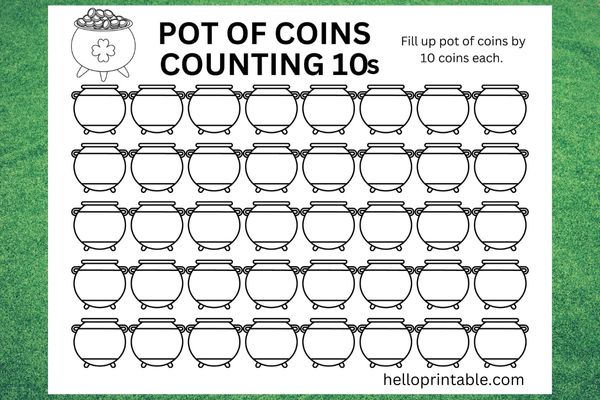 St Patrick day march worksheets - pot of coins counting 10s worksheets for kindergarten
