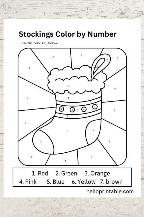 Christmas stocking color by number free coloring sheet printable 