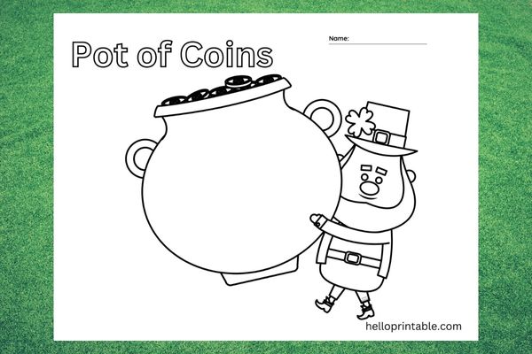 Pot of coins with leprechaun-  St Patrick day coloring page for kindergarten 