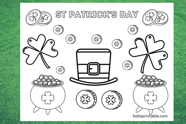 St Patrick day coloring page for kindergarten kids - shamrock, pot of coins 