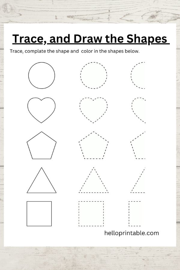 Trace and draw shapes worksheet for preschool and kindergarten 
