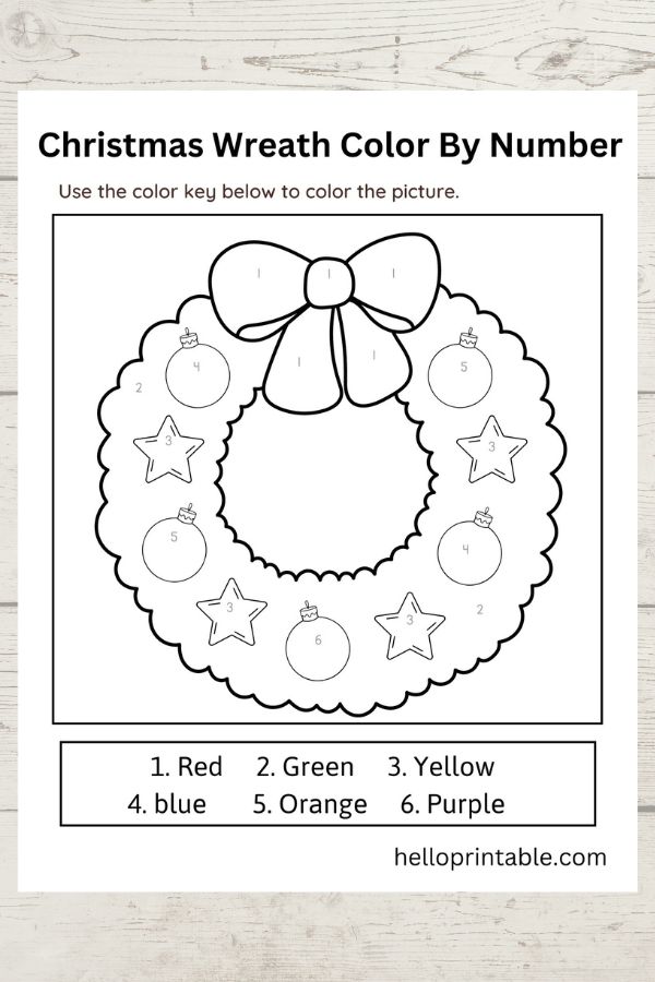 Christmas wreath color by number free coloring sheet printable 