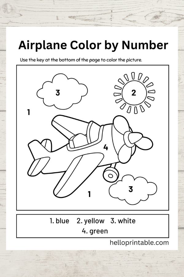 Airplane color by number free coloring sheet printable 